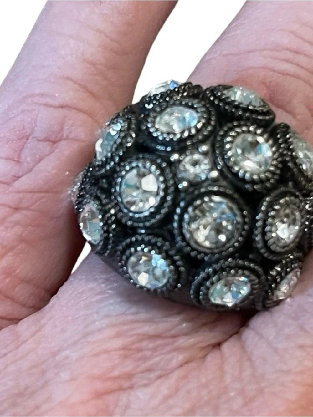 Retro Dome Cocktail Ring - Clear Crystal on Dark Metal-size 7 1/2
